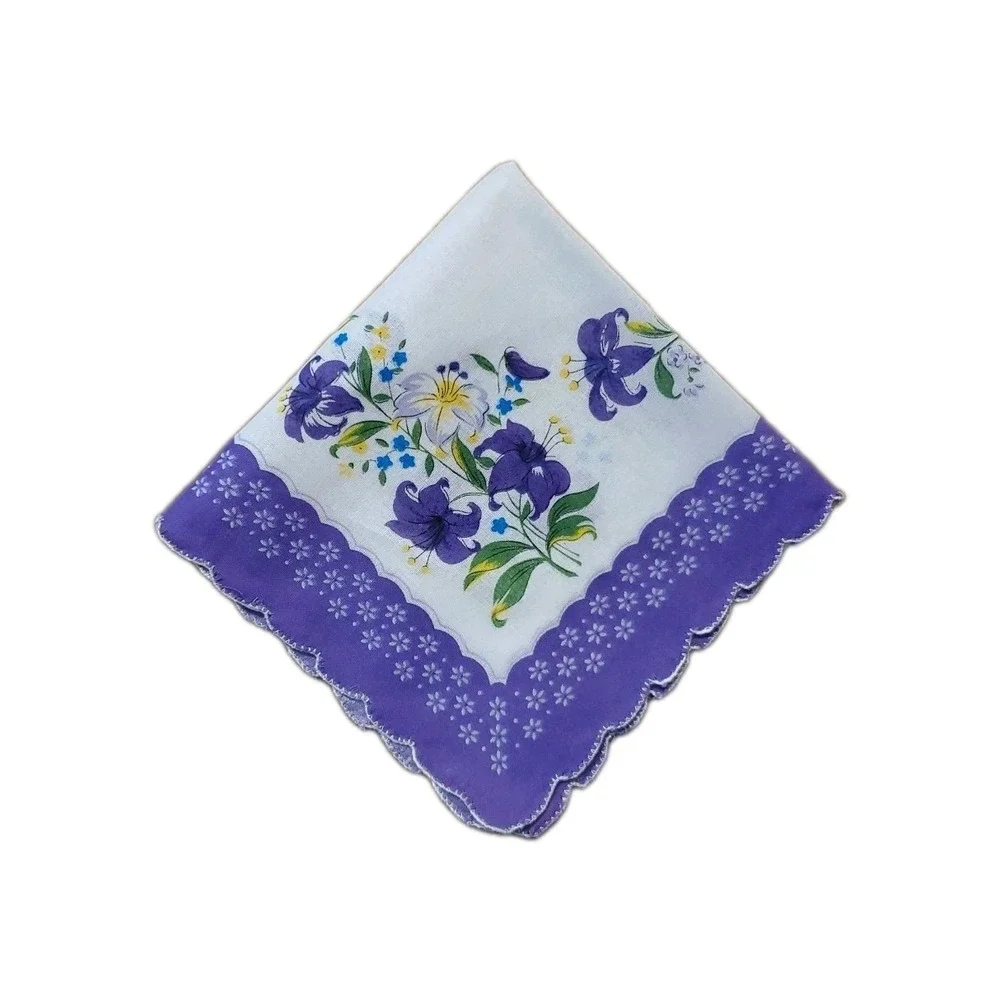 Linen Purple Lily Floral Handkerchief Scalloped Cottage Core Bridesmaid Granny